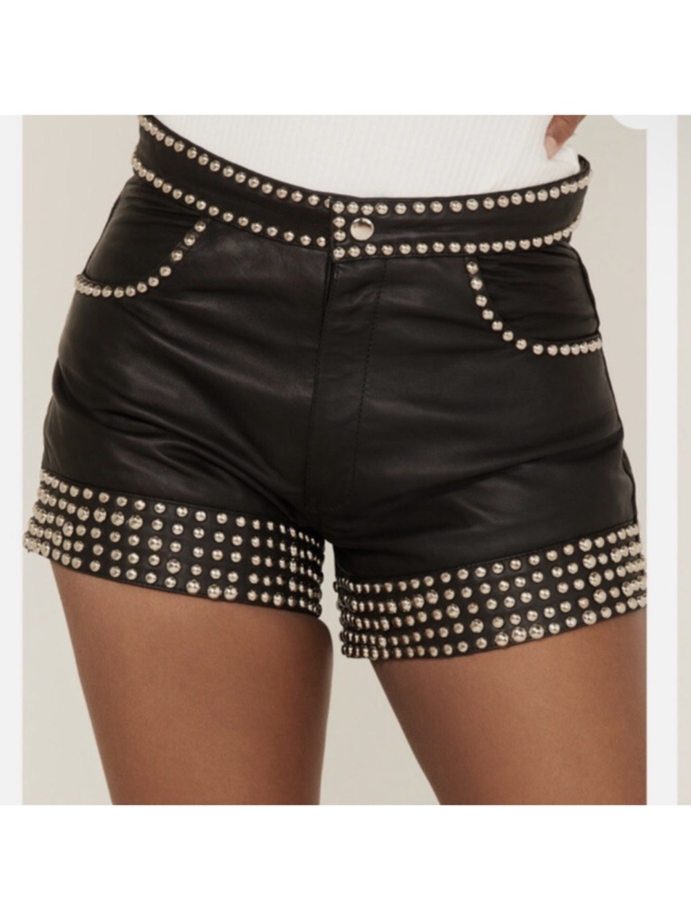 Studded black genuine leather women's shorts